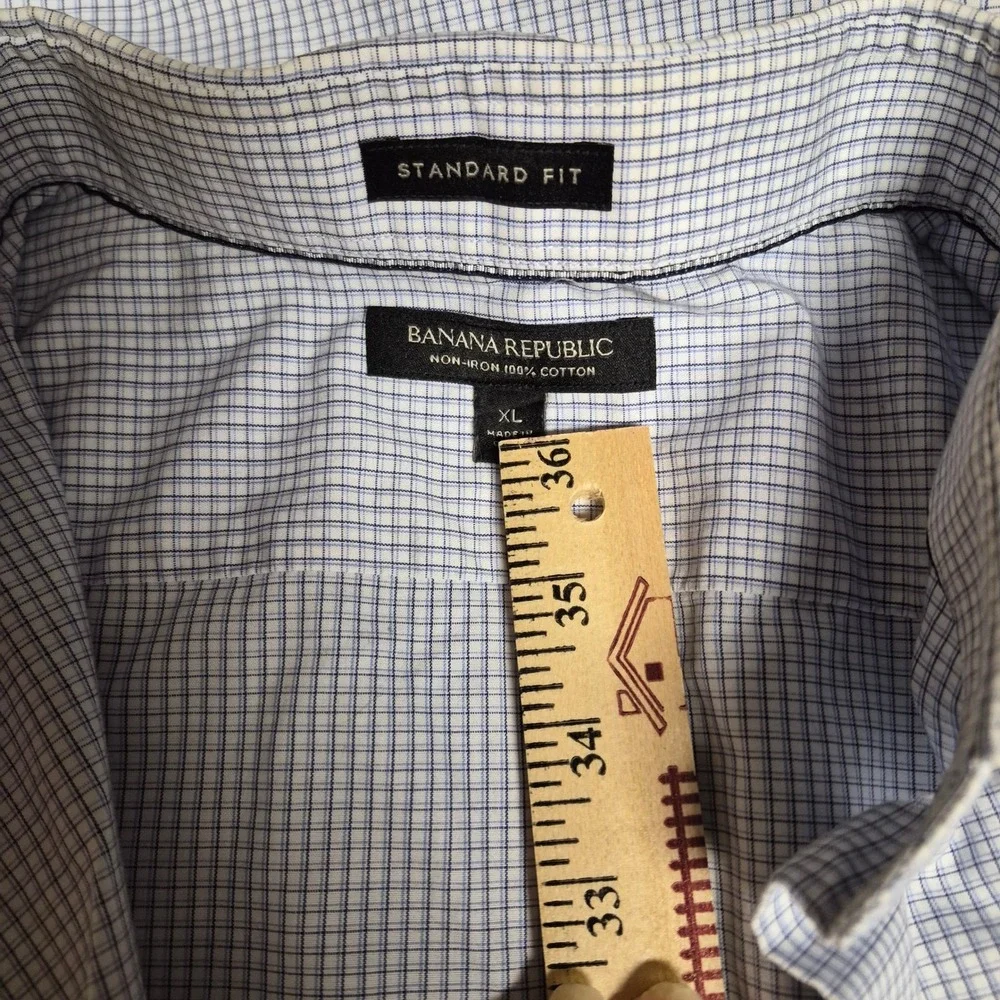 Banana Republic Standard Fit Men's XL Non Iron Blue Gingham Dress Shirt Cotton